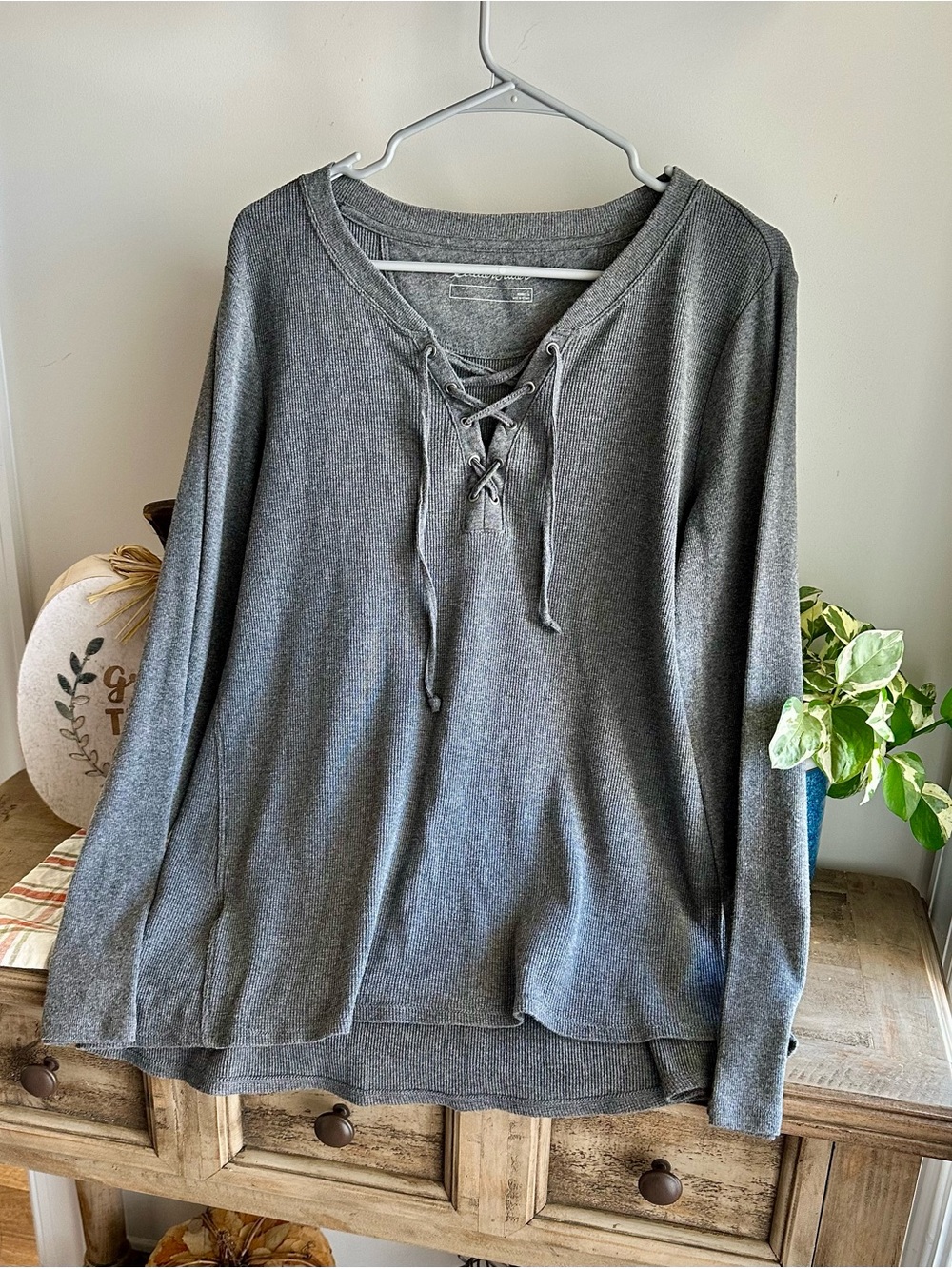 Eddie Bauer Gray Lace-Up V-Neck Sweater